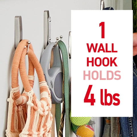 Large Satin Brass Double Hooks with Adhesive Strips on wall holding bags, 1 hook holds 4 lbs text, damage free hanging solution.