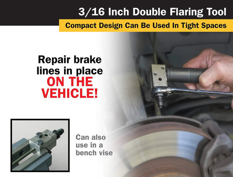 Titan 51535 3/16-inch double flaring tool in use on brake line installed on vehicle, side view