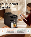 Smart Automatic Espresso Maker With Built In Burr Grinder And Dual Milk Frother One Tap Super Coffee Brewer on kitchen counter.