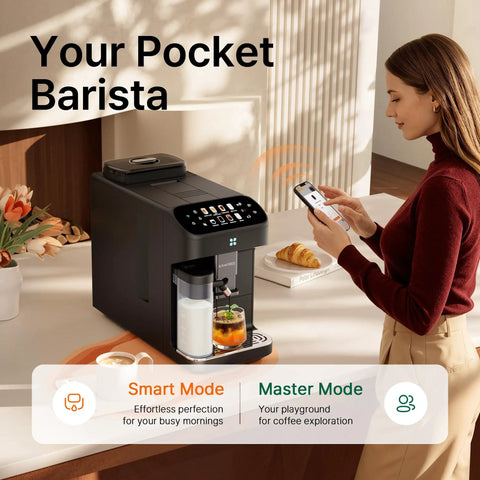 Smart Automatic Espresso Maker With Built In Burr Grinder And Dual Milk Frother One Tap Super Coffee Brewer on kitchen counter.