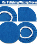 Six Piece Blue Microfiber Buffing Pads Fits Nine To Ten Inch Orbital Buffer And Polisher Slick Finish Bonnets For Car Detailing And Paint Correction Heavy Duty Garage Go To Tools No Fuss Work showing a close-up of round blue microfiber polishing bonnets.