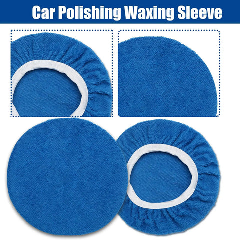Six Piece Blue Microfiber Buffing Pads Fits Nine To Ten Inch Orbital Buffer And Polisher Slick Finish Bonnets For Car Detailing And Paint Correction Heavy Duty Garage Go To Tools No Fuss Work showing a close-up of round blue microfiber polishing bonnets.