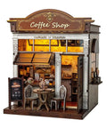DIY Miniature Coffee Shop Kit With LED Light For Adults Teens And Kids, 3D Wooden Puzzles, Dollhouse Craft Kit, front view