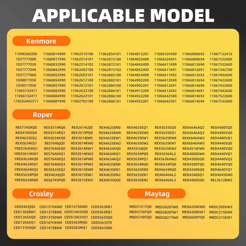 Chart of dryer models compatible with Plug-And-Play Dryer Heating Element Replacement Kit With Thermal Fuses And High Limit Thermostat For WED Series