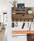 Wall Mount Key And Mail Organizer With Six Hooks And A Storage Drawer Wooden Key Rack With Shelf For Entryway And Home Decor Easy To Install With Screws Or Adhesives No Drill Option