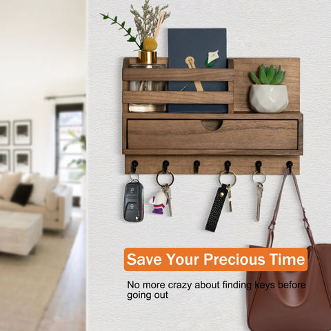 Wall Mount Key And Mail Organizer With Six Hooks And A Storage Drawer Wooden Key Rack With Shelf For Entryway And Home Decor Easy To Install With Screws Or Adhesives No Drill Option