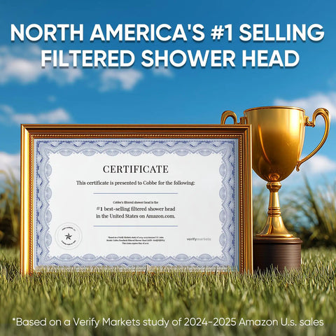 Award for #1 Filtered Handheld Shower Head With High Pressure, 7 Mode, For Hard Water, Chlorine Reduction next to trophy