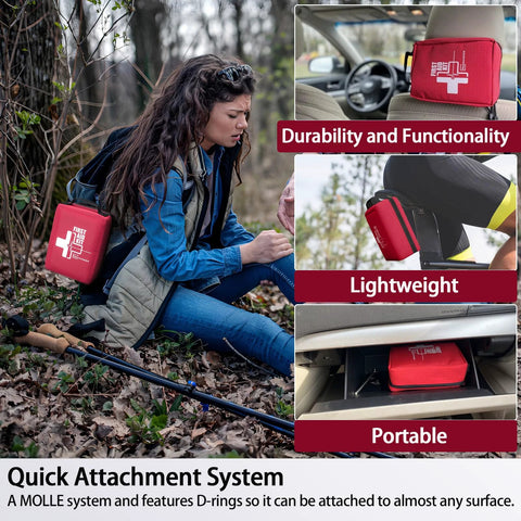 Red trauma first aid kit pouch with MOLLE attachment on backpack, labelled compartments
