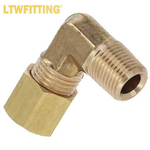 Brass Compression Elbow Fittings Kit Pro Grade For Tubes 1/4 To 3/8 Inch, Male NPT 1/8 And 1/4, close-up of brass fitting