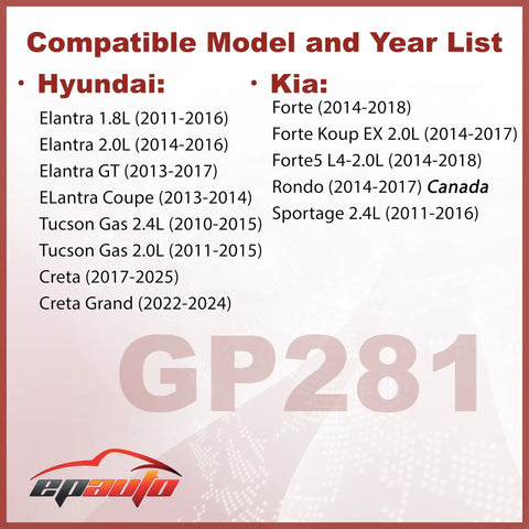 Compatibility chart for Hyundai and Kia models for Engine Air Filter Replacement For Hyundai Elantra 1.8L And 2.0L Elantra GT Elantra Coupe Tucson Gas Creta Grand Kia Forte Forte5 Forte Koup Sportage 2.4L Rondo GP281 28113-3X000