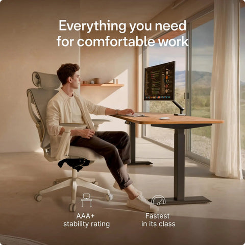 Desktronic HomeOne 60x30 Electric Standing Desk Sit Stand Home Office Ergonomic Height Adjustable in a modern workspace with a user.