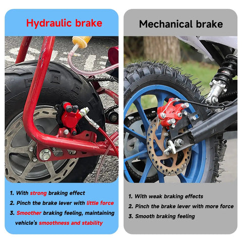 Side-by-side of hydraulic and mechanical brakes on mini bikes, featuring the Beefed-Up Mini Bike Hydraulic Disc Brake Kit For Baja DB30.