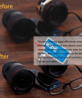 Monitor wipes - pre-moistened screen wipes; front view shows glasses and camera lenses on a wood desk; ammonia-free