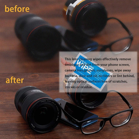 Monitor wipes - pre-moistened screen wipes; front view shows glasses and camera lenses on a wood desk; ammonia-free