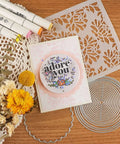 Handmade card with 'adore you' text using Flat Shaker Covers And Nesting Circle Dies for shaker card making and DIY scrapbooking.