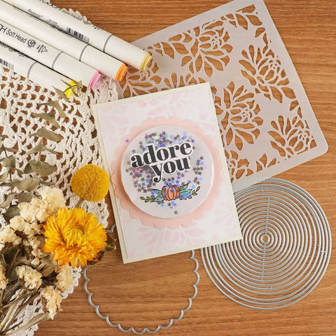 Handmade card with 'adore you' text using Flat Shaker Covers And Nesting Circle Dies for shaker card making and DIY scrapbooking.