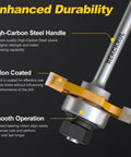 Close-up of two pack tongue and groove router bit set with high-carbon steel shank, Teflon coating, and durable design features.