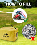 Filling instructions for Next Level Golf Swing Speed Trainer impact bag with clothing in a golf course setting.