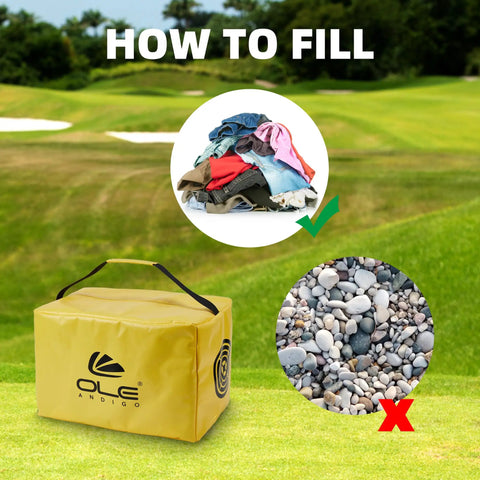 Filling instructions for Next Level Golf Swing Speed Trainer impact bag with clothing in a golf course setting.