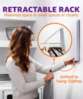 Collapsible Laundry Rack For Small Spaces That Mounts On Wall Or Door, Holds Up To 60 Lbs, showing a woman unfolding rack