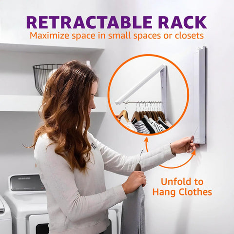 Collapsible Laundry Rack For Small Spaces That Mounts On Wall Or Door, Holds Up To 60 Lbs, showing a woman unfolding rack