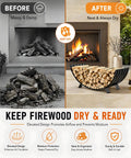 Comparison of fireplaces with messy vs. organized firewood using Built Tough Heavy Duty Metal Firewood Rack For Indoor And Outdoor Use.