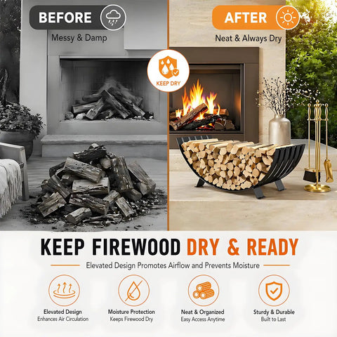 Comparison of fireplaces with messy vs. organized firewood using Built Tough Heavy Duty Metal Firewood Rack For Indoor And Outdoor Use.