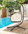 Hammock Chair Stand Built From Solid Steel For Indoor Or Outdoor Chill, by a poolside, showcasing heavy duty frame.