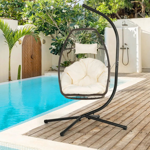 Hammock Chair Stand Built From Solid Steel For Indoor Or Outdoor Chill, by a poolside, showcasing heavy duty frame.