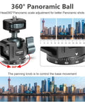 Ball Head Tripod With 360 Panoramic Rotation And 90 Degree Tilt, Built In Bubble Level, shown with cityscape example.
