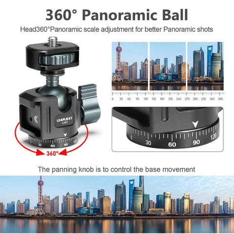 Ball Head Tripod With 360 Panoramic Rotation And 90 Degree Tilt, Built In Bubble Level, shown with cityscape example.