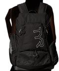 All In One Wet Dry Gym And Pool Backpack With 45L Capacity on woman, black color, visible front pockets, silhouette view