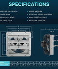 Specifications of Beefed Up 16 Inch Wall Mounted Shutter Exhaust Fan With Speed Controller And Aluminum Louvers 1200 CFM 1550 RPM 120V.