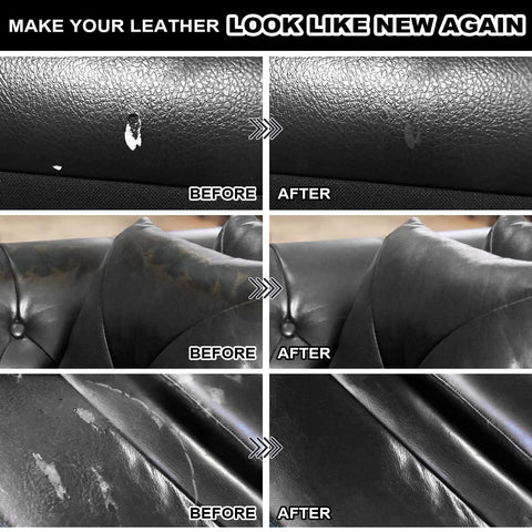 All In One Leather And Vinyl Repair Kit For Car Interiors And Home Furniture Fixes Scratches Tears Fading Stains On Couches Seats Sofas Jackets Purses Faux Pleather And Genuine Leather showing before and after results on a dark leather sofa