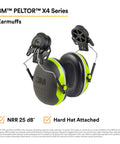 X Series Cap Style Hard Hat Attached Earmuffs with NRR 25 Decibel Hearing Protection, black and green, side view.