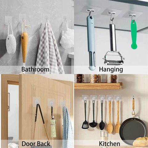 Heavy Duty Self Adhesive Wall Hooks Set 36 Pack With Upgraded Thick Clear Design 44lb Max Load Per Hook hanging items in different rooms