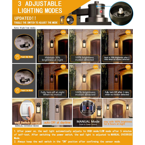 Product guide showing 2 Pack Motion Sensor Outdoor Wall Lights Dusk To Dawn Matte Black Porch Lanterns lighting modes.