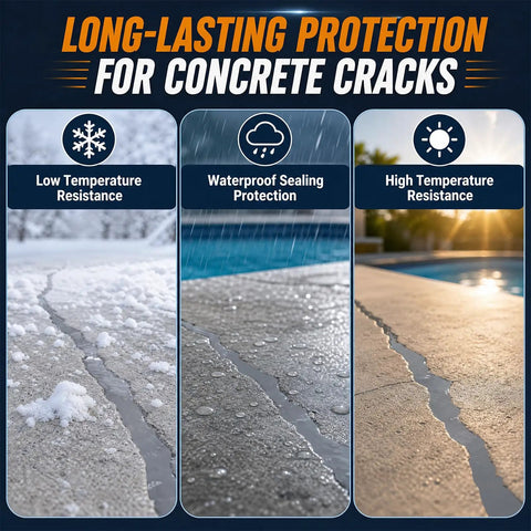 Straight Up Solid Self Leveling Concrete Crack Filler And Sealant Four Pack Gray Repair Kit showing low temp, waterproof, high temp resistance.