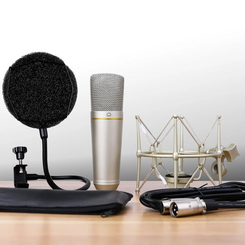 Studio Condenser Mic With 34mm Gold Diaphragm, Hydro Pop Filter, Metal Shock Mount, XLR Cable, Mic Bag for Home Recording