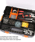 Interlocking Black Tool Box Organizer With Removable Dividers Beefy Durable Plastic Small Parts Box For Fasteners And Crafts 2 Pack 20 Removable Dividers 14 Fixed Sections Heavy Duty Construction open with tools and fasteners