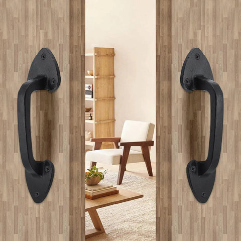 Heavy Duty Steel Barn Door Handles With Real Deal Rustic Matte Black Finish on sliding door in modern interior.