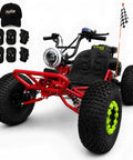 Super Slick 212cc Gas Powered Off-Road Go Kart For Teens And Adults That Hits 35 MPH With A Mighty 7.5 HP Engine, front view with safety gear.