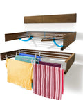 Wall Mounted Retractable Laundry Drying Rack With Wood Look Finish 40 Inch Wide, displaying drying clothes on aluminum rods.