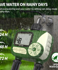 Dual Zone Hose Timer For Lawn And Garden, Smart Programmable Irrigation Controller With Rain Delay, IP54 Waterproof Outdoor Watering System For Garden Hose Faucet, Manual Override connected to faucet, showing digital display and rain mode options on rainy day.