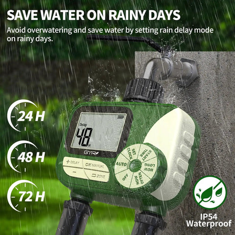 Dual Zone Hose Timer For Lawn And Garden, Smart Programmable Irrigation Controller With Rain Delay, IP54 Waterproof Outdoor Watering System For Garden Hose Faucet, Manual Override connected to faucet, showing digital display and rain mode options on rainy day.