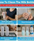 How To Clean The Milk Bottles guide with visuals on washing, rinsing, and drying bottles safely.