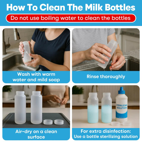 How To Clean The Milk Bottles guide with visuals on washing, rinsing, and drying bottles safely.