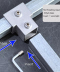 Heavy Duty Three Way Elbow Pipe Connector For Industrial Shelving And Fence Rails Made Of Super Strong Aluminum Alloy For Solid DIY Storage Build showing installation steps with screws.