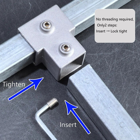 Heavy Duty Three Way Elbow Pipe Connector For Industrial Shelving And Fence Rails Made Of Super Strong Aluminum Alloy For Solid DIY Storage Build showing installation steps with screws.