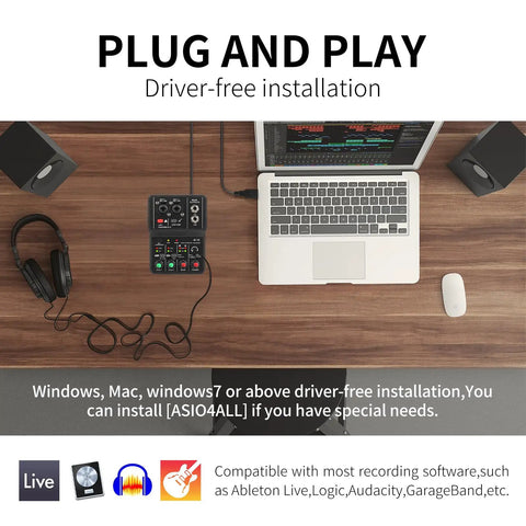 USB Audio Interface For PC With XLR And 3.5mm Microphone Jack For Home Studio Recording, Q-12 on desk with laptop and speakers